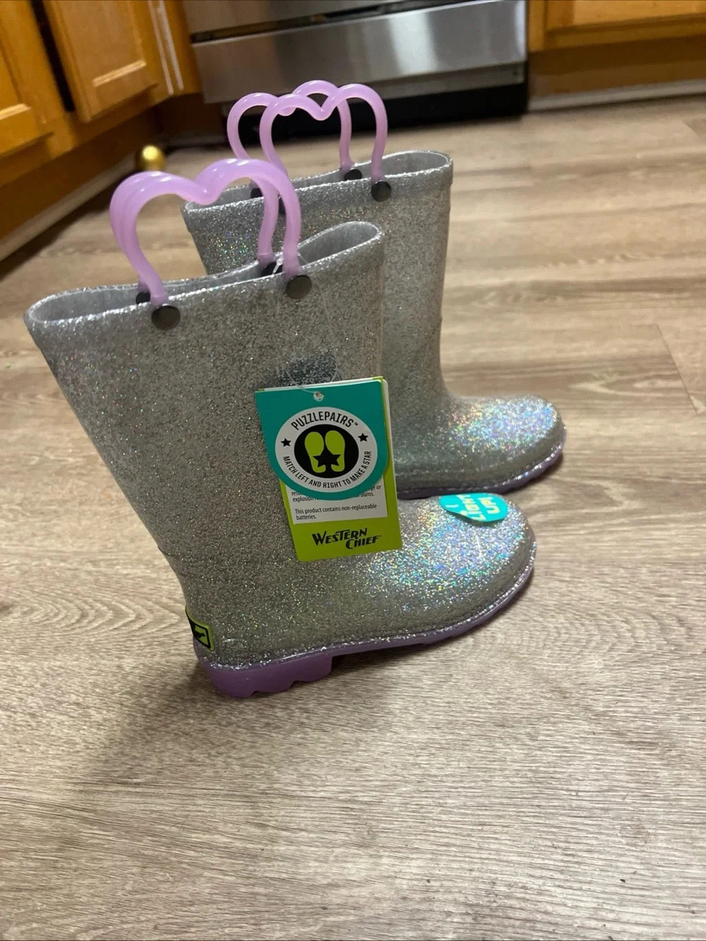 Western Chief Silver Glitter Light-Up Kids Rain Boots with Purple Heart Handles